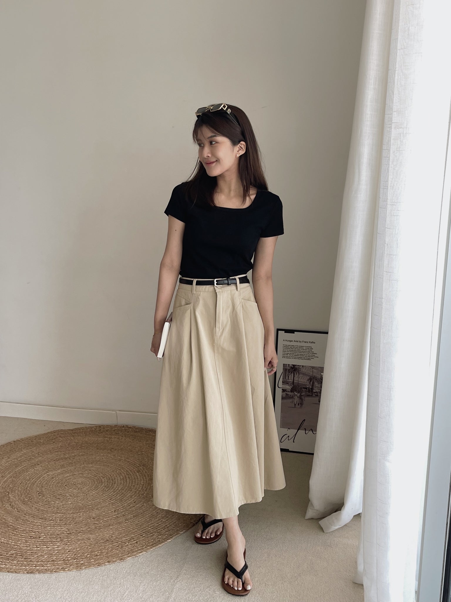 Washed Cotton Flared Midi Skirt / 洗水棉中长半身裙