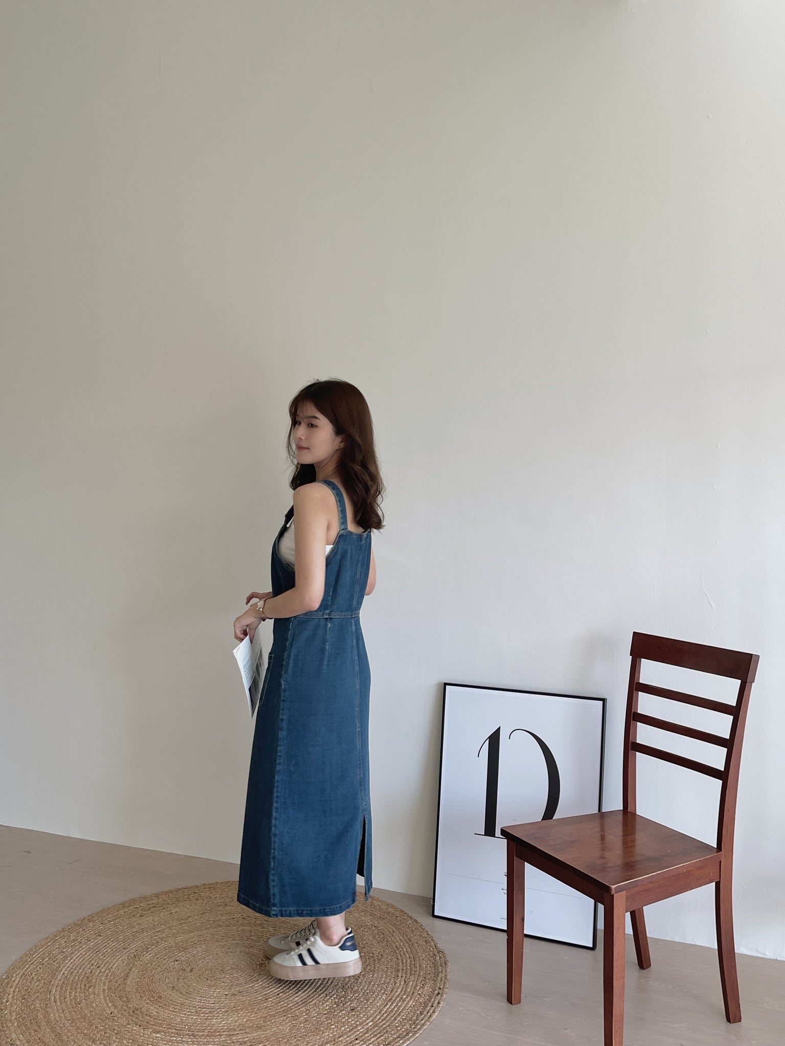 Button Up Dungaree Dress / 排扣牛仔背带长裙