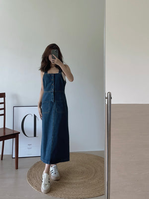 Button Up Dungaree Dress / 排扣牛仔背带长裙