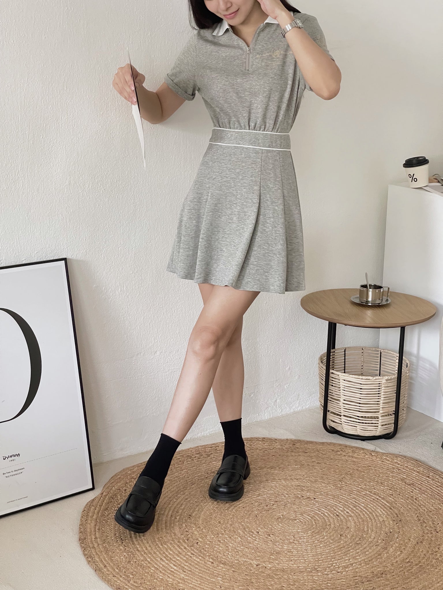 Preppy Polo Dress / 学院风拼接百褶连衣裙 - Grey