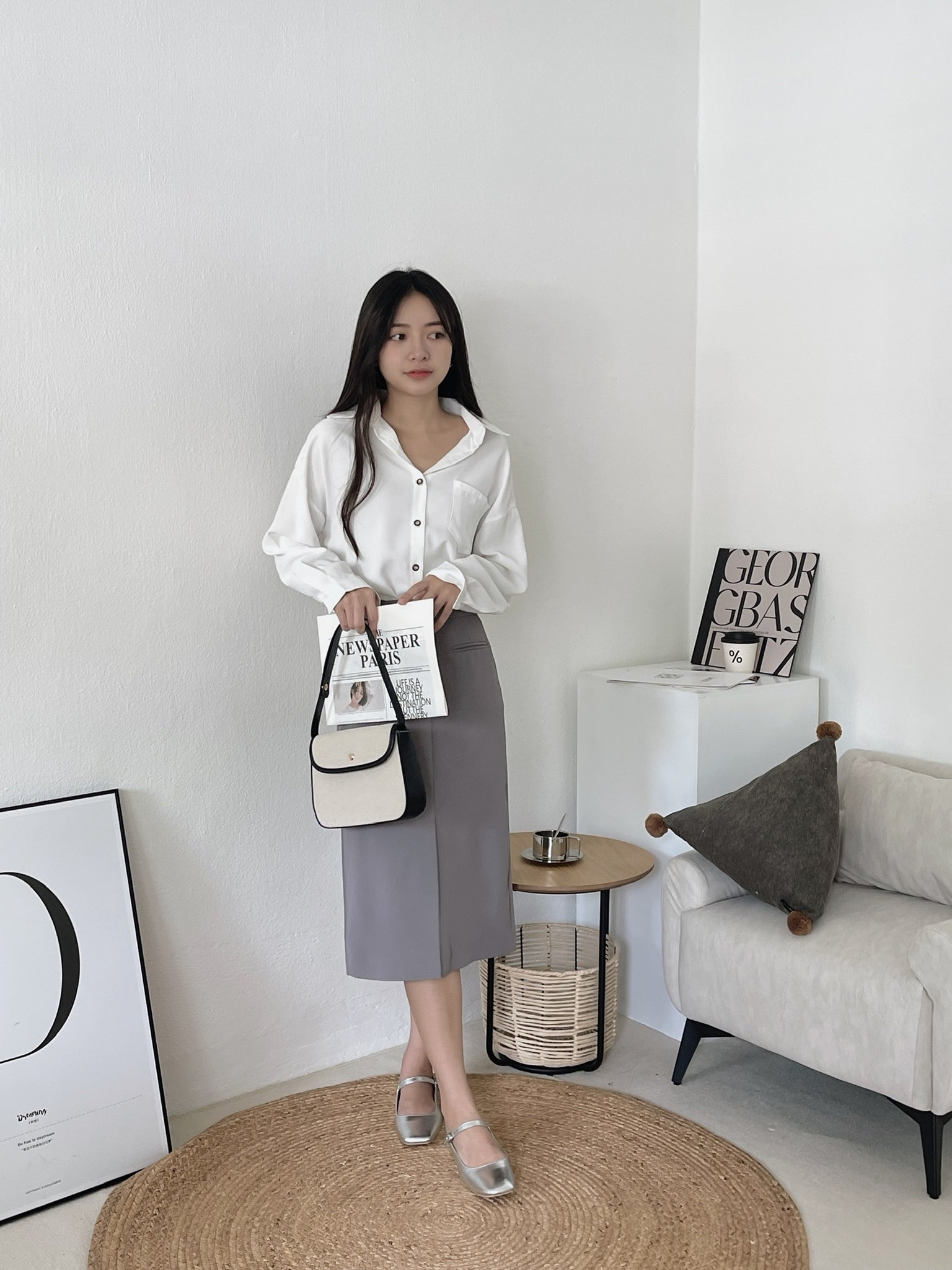 Split Hem Pencil Skirt / 通勤风西装半身裙 - Grey