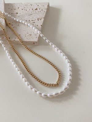 Pearl Chain Double Layer Necklace / 珍珠金链条双层项链